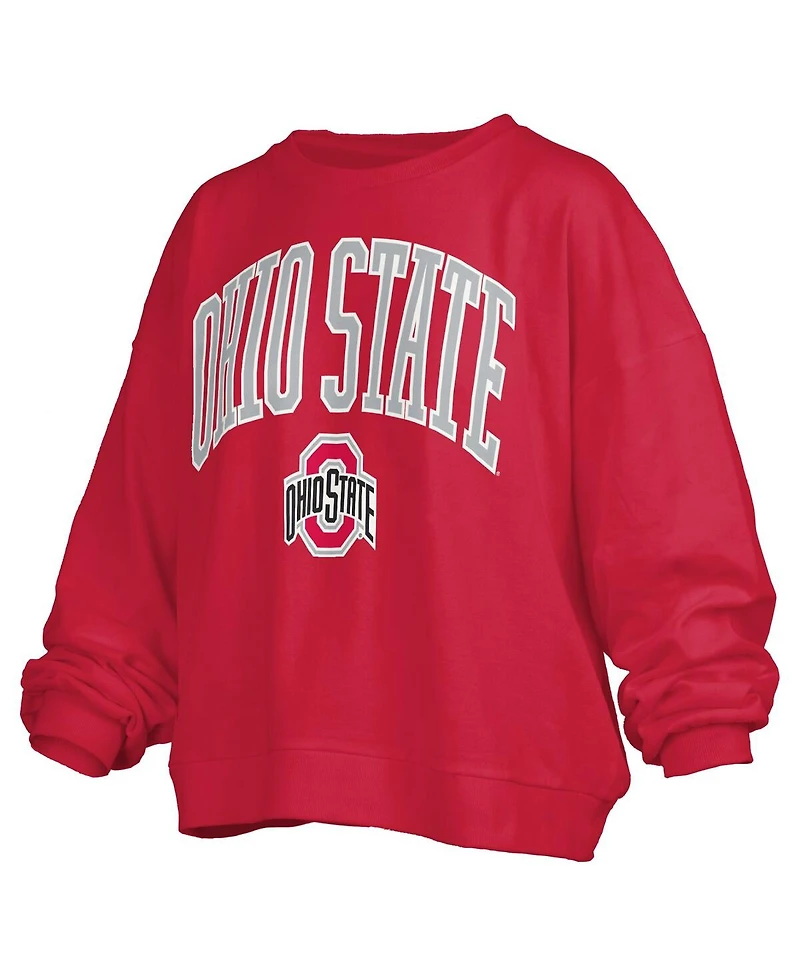 Pressbox Women's Scarlet Ohio State Buckeyes Janise Arch Over Logo Waist Length Oversized Pullover Sweatshirt