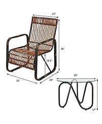 Gymax 3PCS Rattan Patio Conversation Set Bistro Furniture Set w/ Glass Table