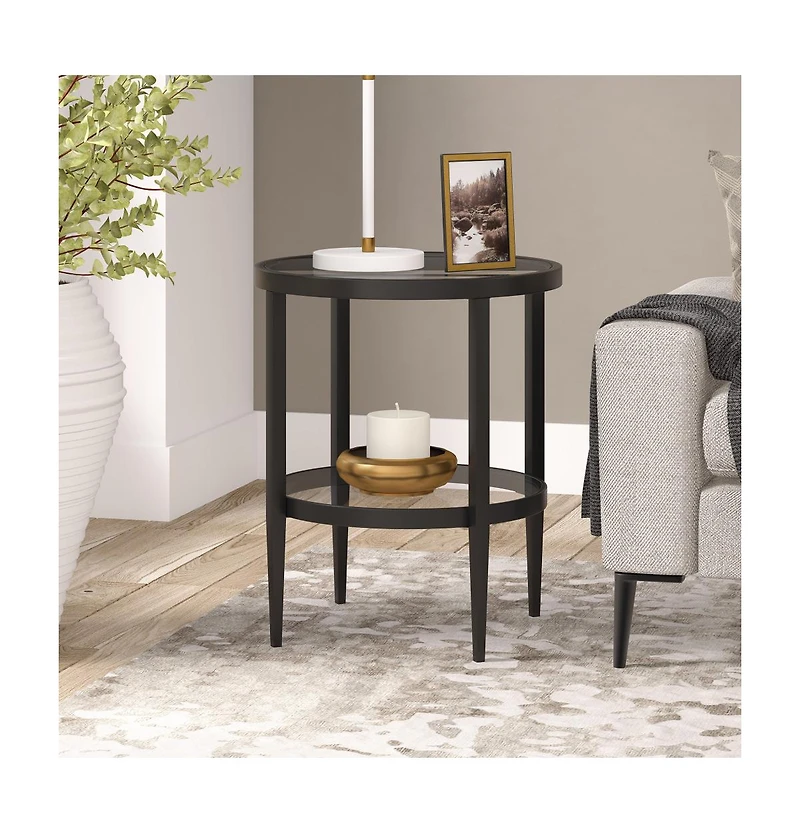 Industrial Steel Round End Table with Shelf – Modern Side Table for Living Room