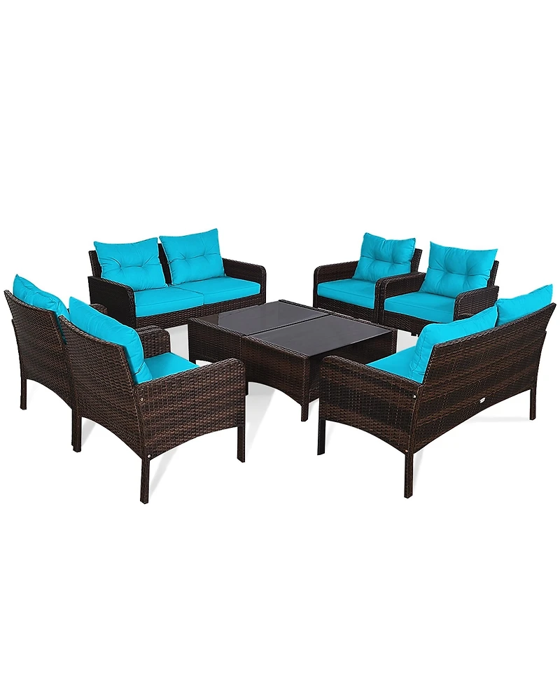 Gymax 8PCS Rattan Patio Conversation Set Outdoor Furniture Set Cushioned