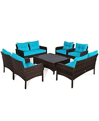 Gymax 8PCS Rattan Patio Conversation Set Outdoor Furniture Set Cushioned