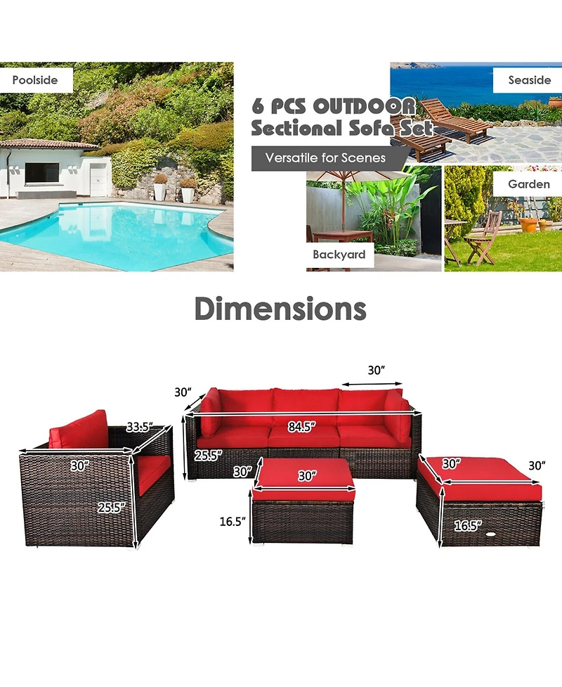 Gymax 6PCS Patio Conversation Set Rattan Sectional Furniture Set w/ Red Cushions