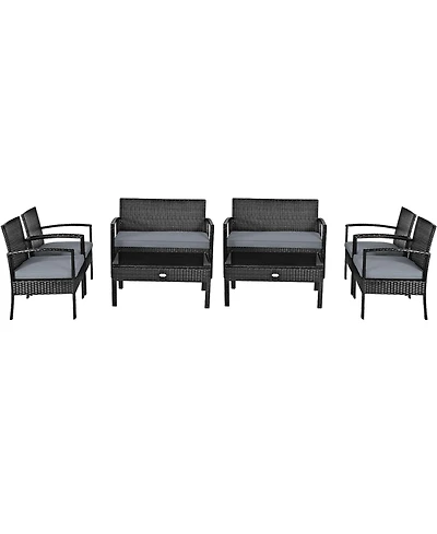Gymax 8PCS Patio Wicker Rattan Conversation Set Outdoor Furniture Set w/ Cushion