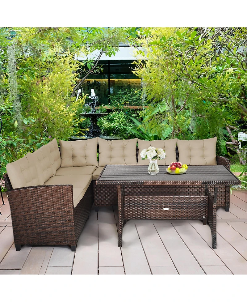 Gymax 3PCS Rattan Dining Sofa Set w/6 Cushioned Seats Patio Furniture