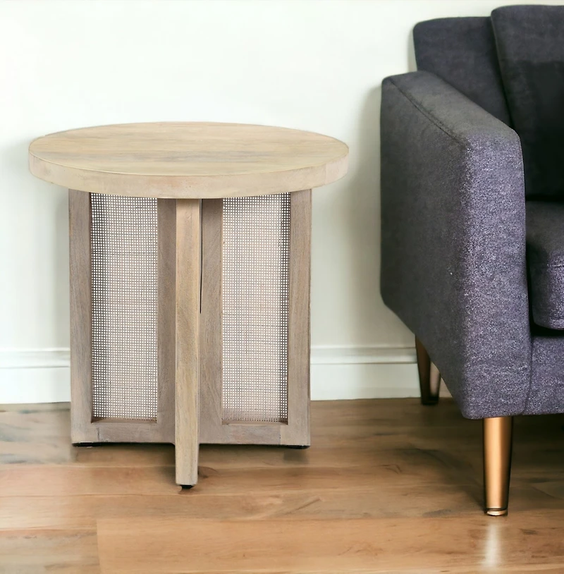 22-Inch Round End Table Natural Solid Wood Top with Rattan Base for Farmhouse Decor