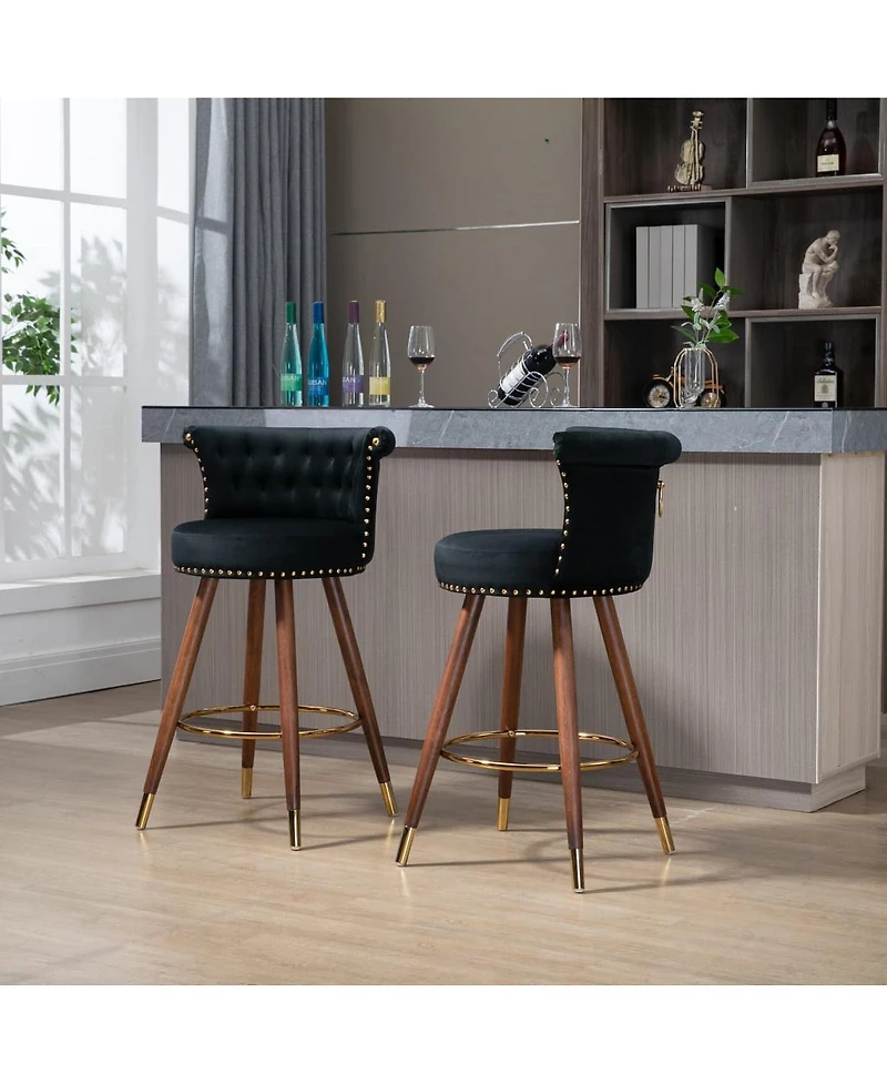 Set of 2 Swivel Bar Stools with Backrest and Footrest Upholstered Counter Height Chairs Solid Wood Legs for Kitchen Island Dining or Home Bar-The