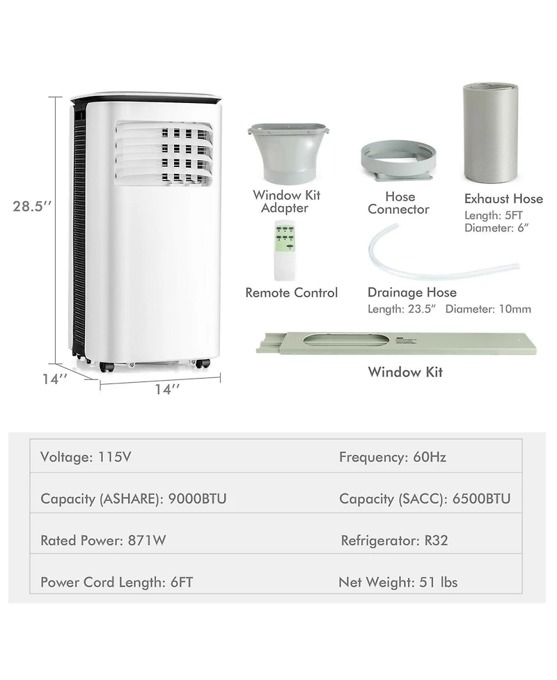 9000 Btu Portable Air Conditioner with Fan and Dehumidifier