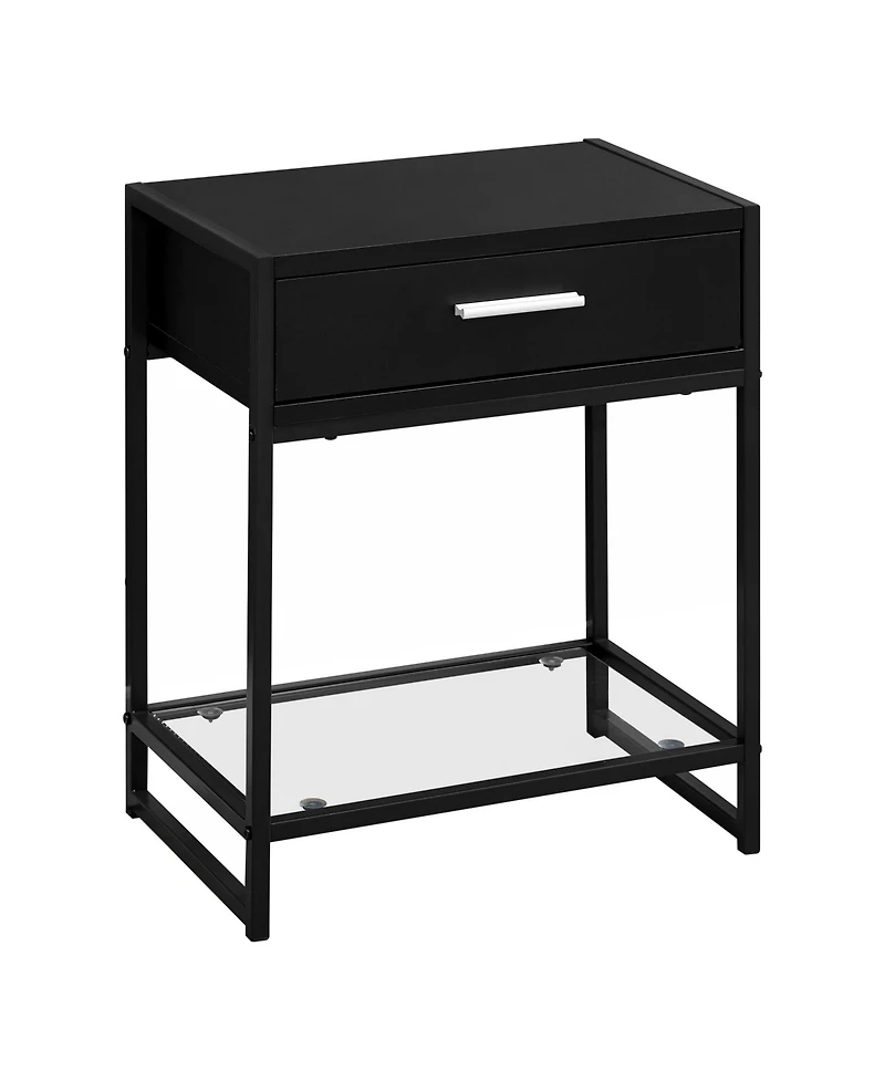 Contemporary End Table with Glass Top, Metal Frame, Drawer & Shelf