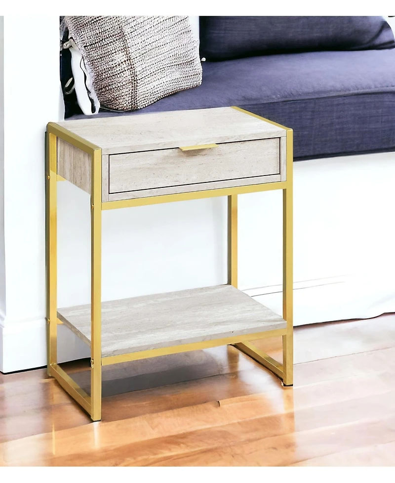 Wood and Metal End Table with Storage Drawer Shelf – Industrial Style