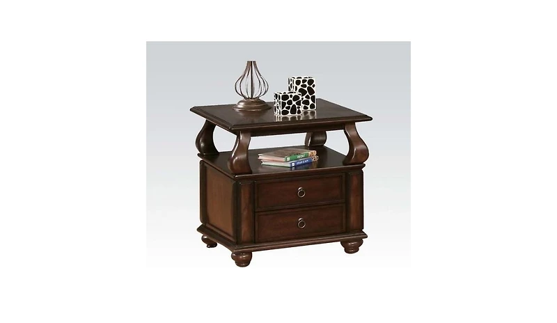 Sturdy Solid Wood Square End Table with Two Drawers and Open Shelf