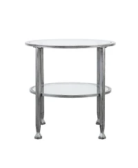 24" Silver And Clear Glass And Distressed Iron Round End Table With Shelf
