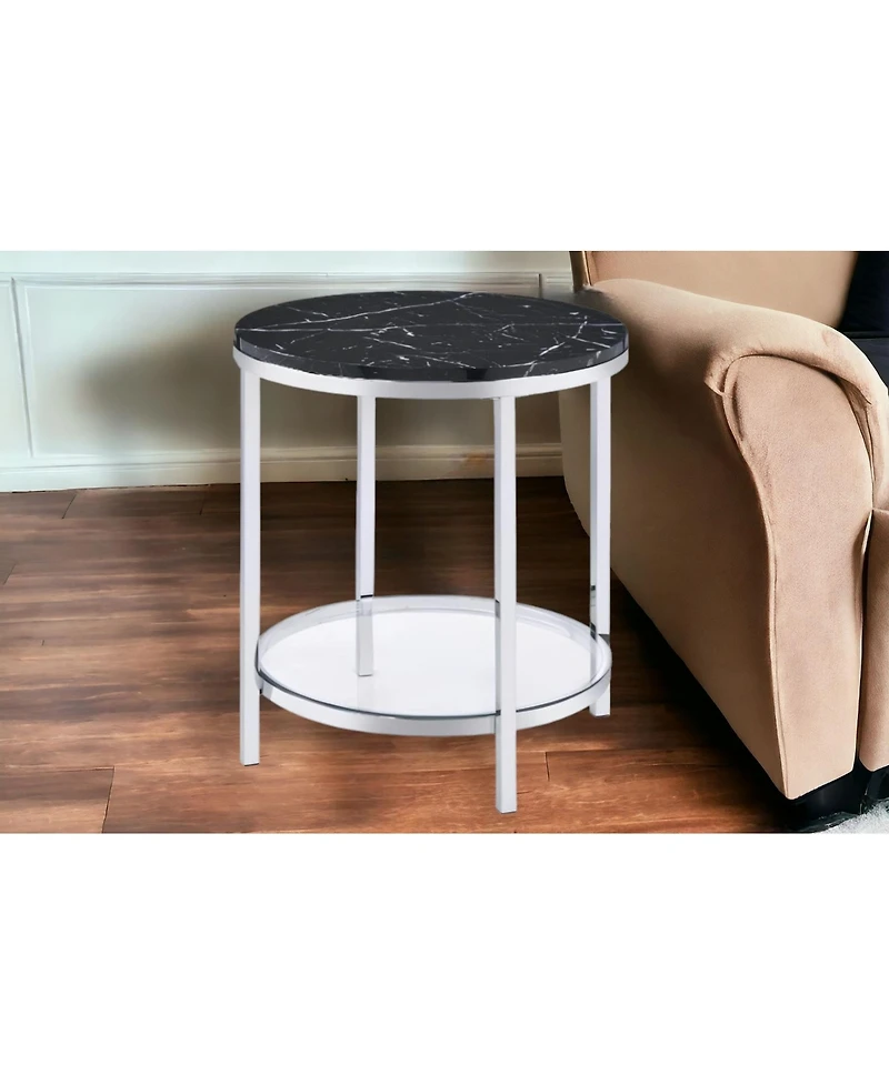 Contemporary Faux Marble and Metal Round End Table with Storage Shelf