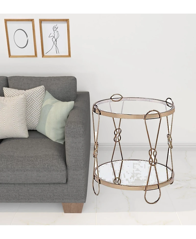 Contemporary Mirrored and Metal Round End Table with Shelving