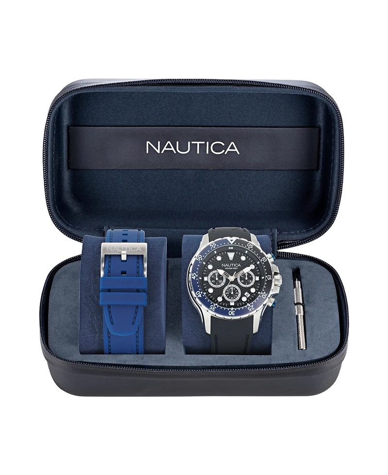 Nautica Men's Chronograph Black Silicone Watch Set, 44mm