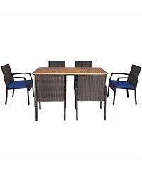 Gymax 7PCS Patio Dining Furniture Set Yard w/ Wooden Tabletop Navy Cushions