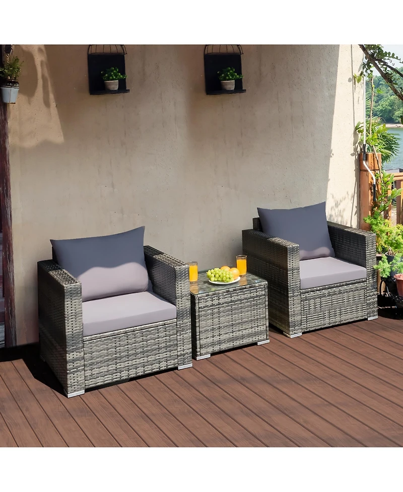 3 Pcs Patio Rattan Furniture Bistro Set Cushioned Sofa Chair Glass Table Garden