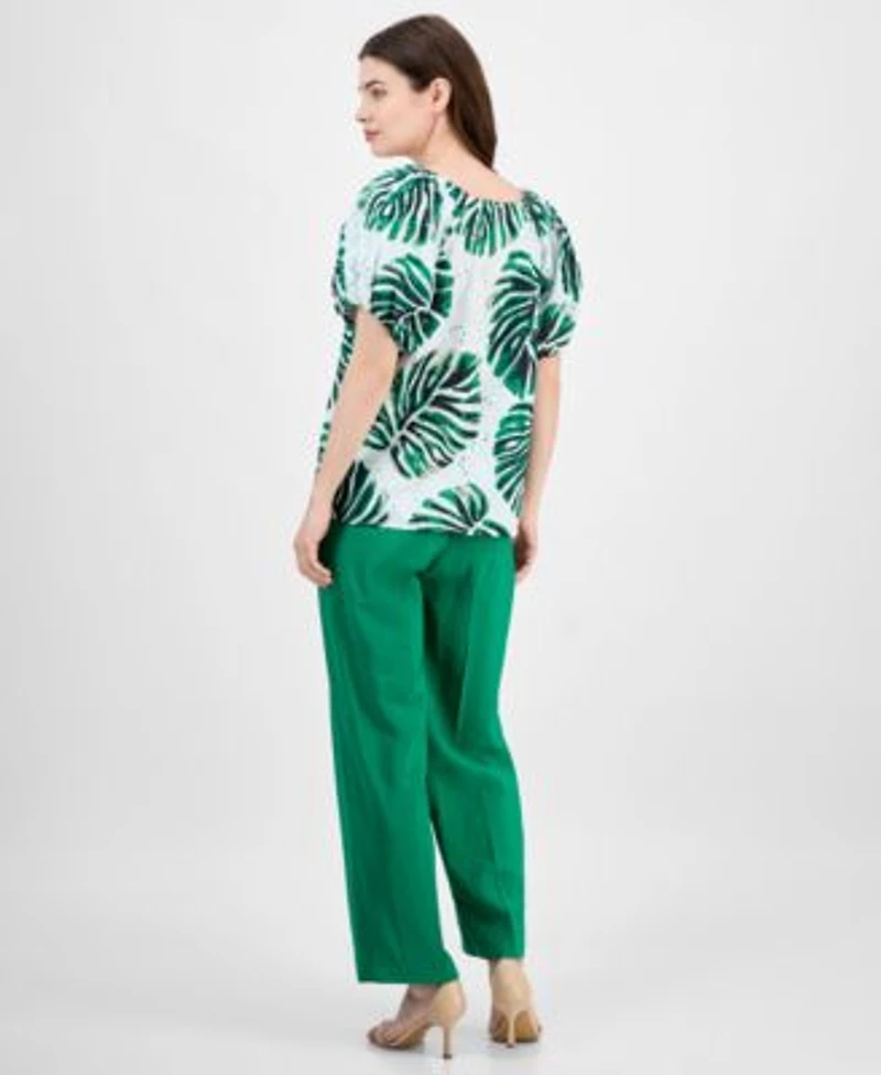 Anne Klein Womens Printed Eyelet Embroidered Cotton Blouse Pull On Wide Leg Ankle Pants