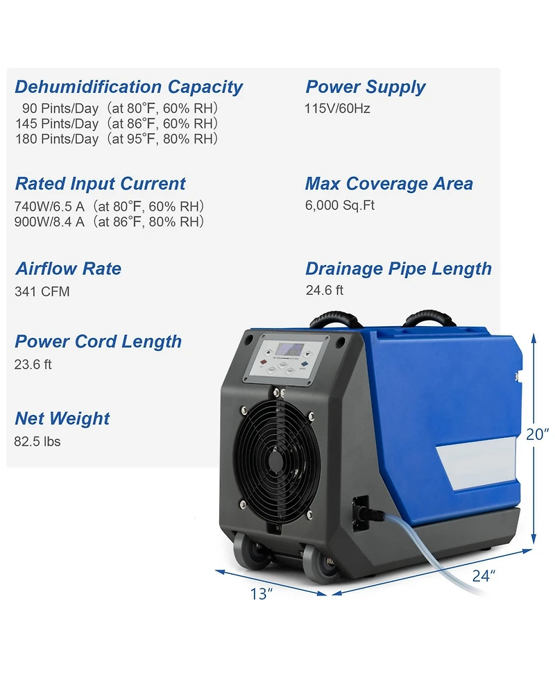 180 Ppd Commercial Dehumidifier with Pump Drain Hose and Wheels