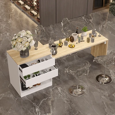 Kitchen island with 2 drawers, kitchen island storage table with dining table, coffee station and microwave rack for home, dining room, wood grain col