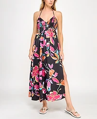 Invitee Juniors' Printed Smocked-Bodice Slit-Front Dress