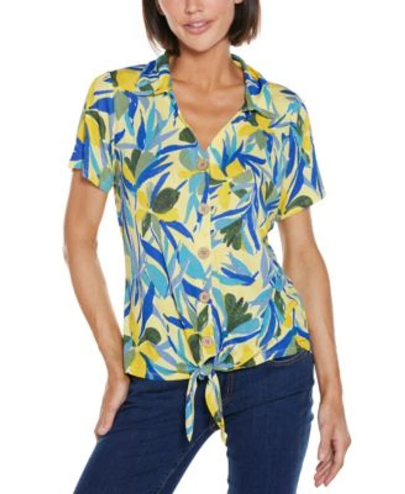 Belldini Womens Tropical Tie Front Knit Top