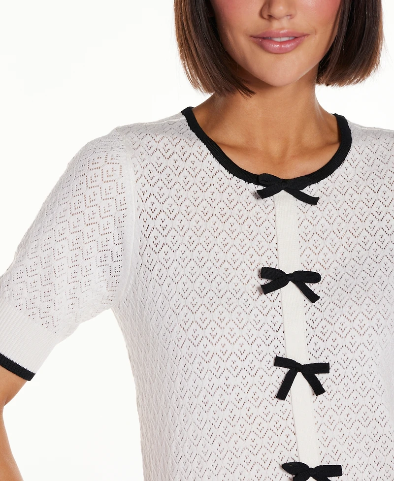 Belldini Women's Bow Detail Pointelle Short Sleeve Sweater