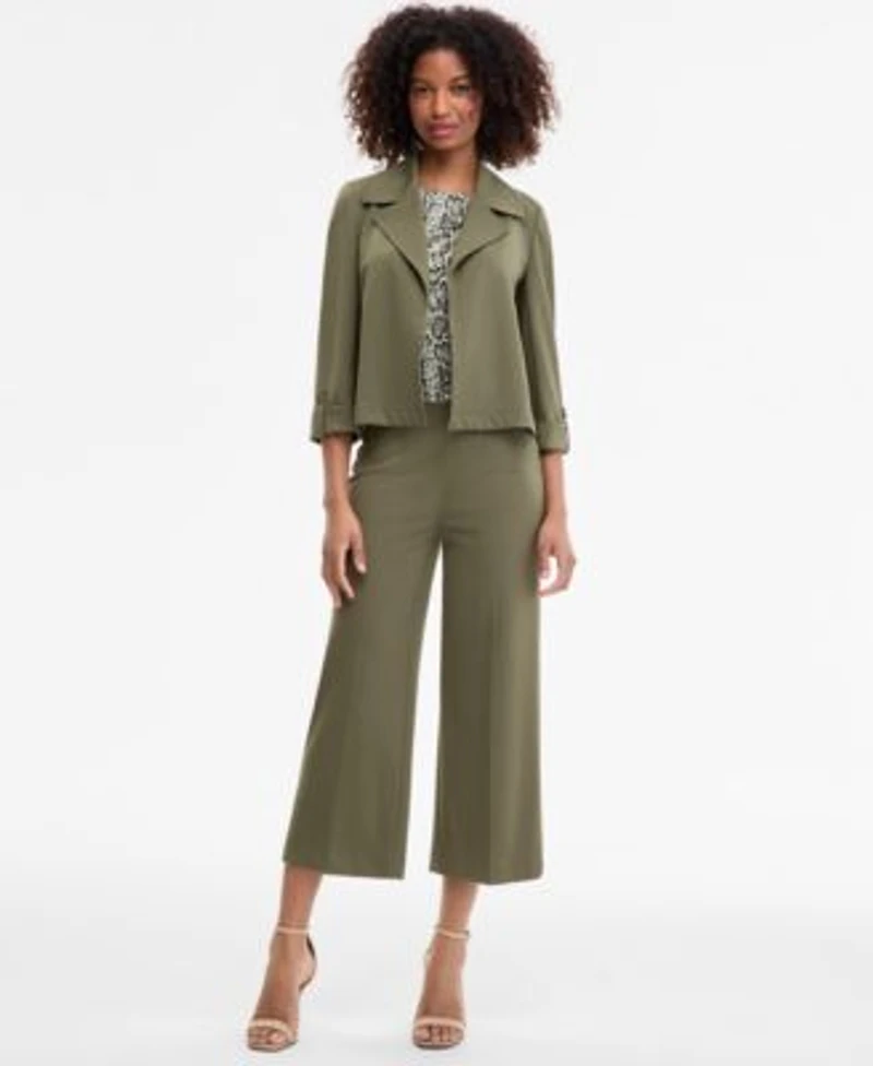 Anne Klein Womens Pull On Cropped Pants Printed Cap Sleeve Blouse 3 4 Sleeve Open Front Jacket