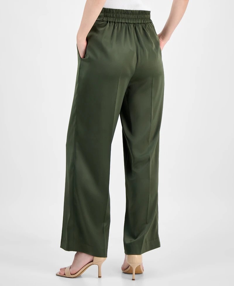 Anne Klein Women's Pull On High Rise Belted Wide Leg Satin Pants