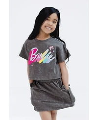 Barbie Toddler Girls French Terry Cropped Drop Shoulder T-Shirt and Skirt Outfit Set