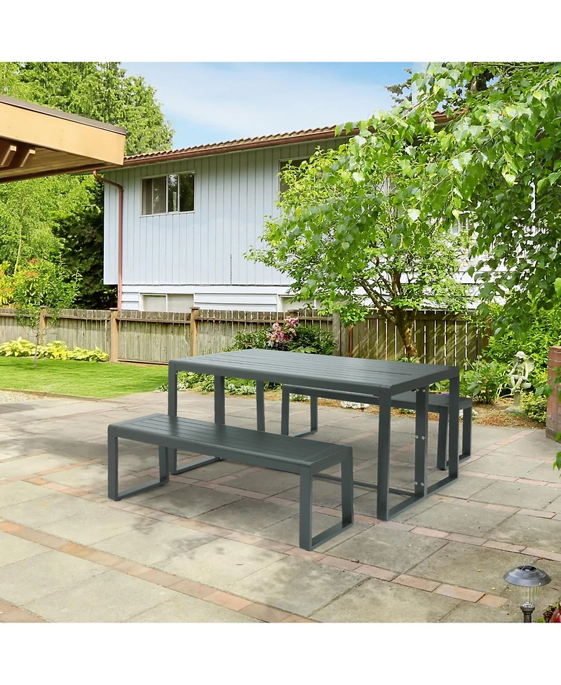 Aoodor 3-Piece Outdoor Patio Dining Set, Aluminum Furniture Set with 1 Rectangular Picnic Table and 2 Benches for Garden, Lawn, Yard