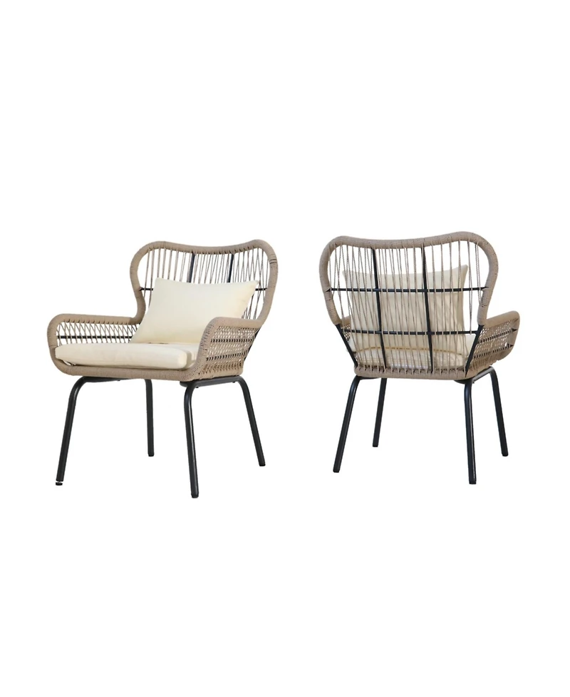 2-piece braided rope outdoor club lounge chair for patio lawn backyard with cushions beige