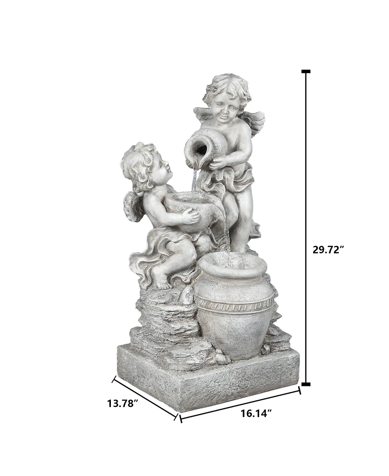 LuxenHome Gray Resin Cherub Angels Outdoor Fountain with Led Light