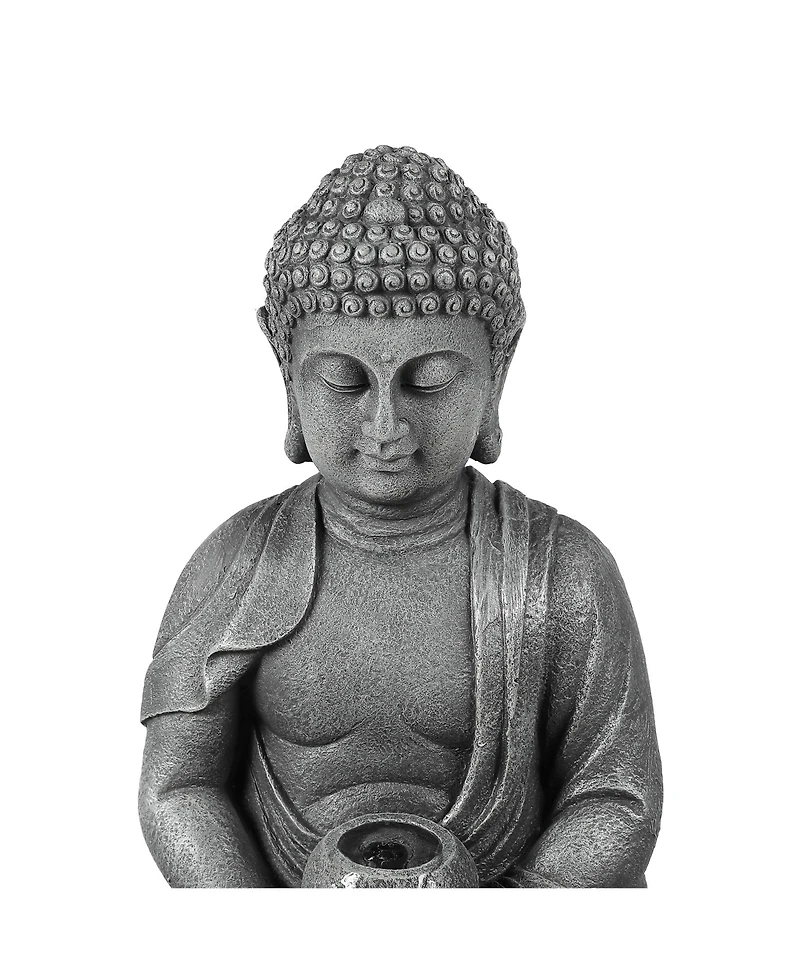 LuxenHome Resin Meditating Buddha on Column Lighted Outdoor Fountain