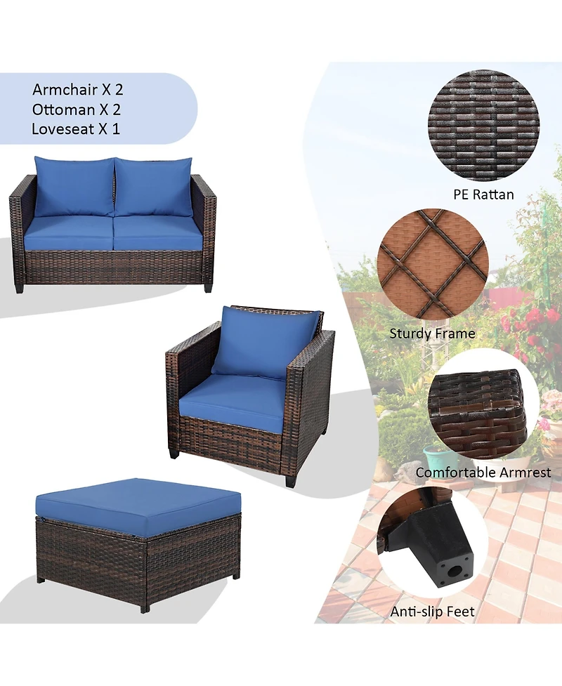 Gymax 5PCS Outdoor Patio Rattan Conversation Sofa Furniture Set w/ Navy Cushions