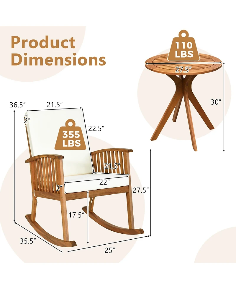 Gymax 3PCS Patio Rocking Chair Set Round Table Solid Wood Cushioned Sofa Garden Deck