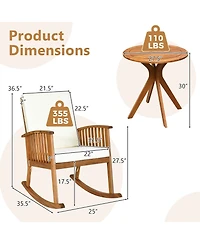 Gymax 3PCS Patio Rocking Chair Set Round Table Solid Wood Cushioned Sofa Garden Deck