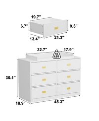 Changing table with six drawers, baby changing station with changing table top and drawers, white wood