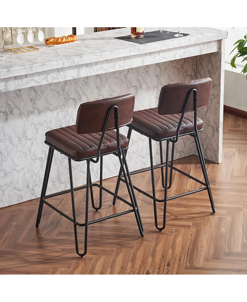 Bar Stools Set of 2 Counter Height Chairs with Backrest Pu Leather Upholstery and Metal Frame for Kitchen Island Dining Room Home Bar-The Pop