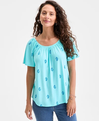 Style & Co Women's Printed Shirred Scoop-Neck Top, Exclusively at Macy's