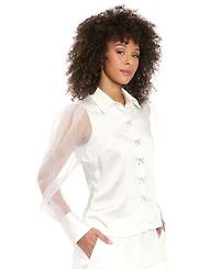 Muse Women's Bow-Button Sheer Bishop-Sleeve Blouse