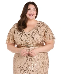 R & M Richards Plus Sequin Embellished Flutter-Sleeve Gown