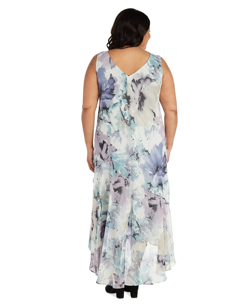 R & M Richards Plus Printed Sleeveless Midi Dress Cropped Jacket