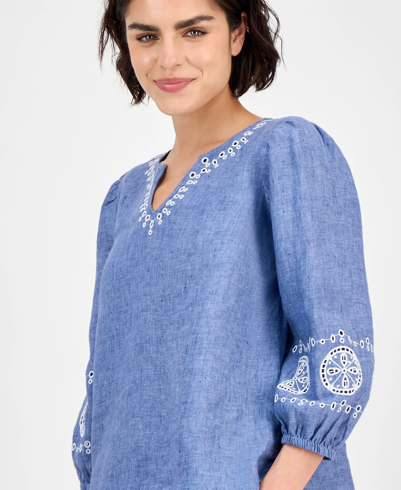 Charter Club Women's Embroidered 100% Linen Top, Exclusively at Macy's