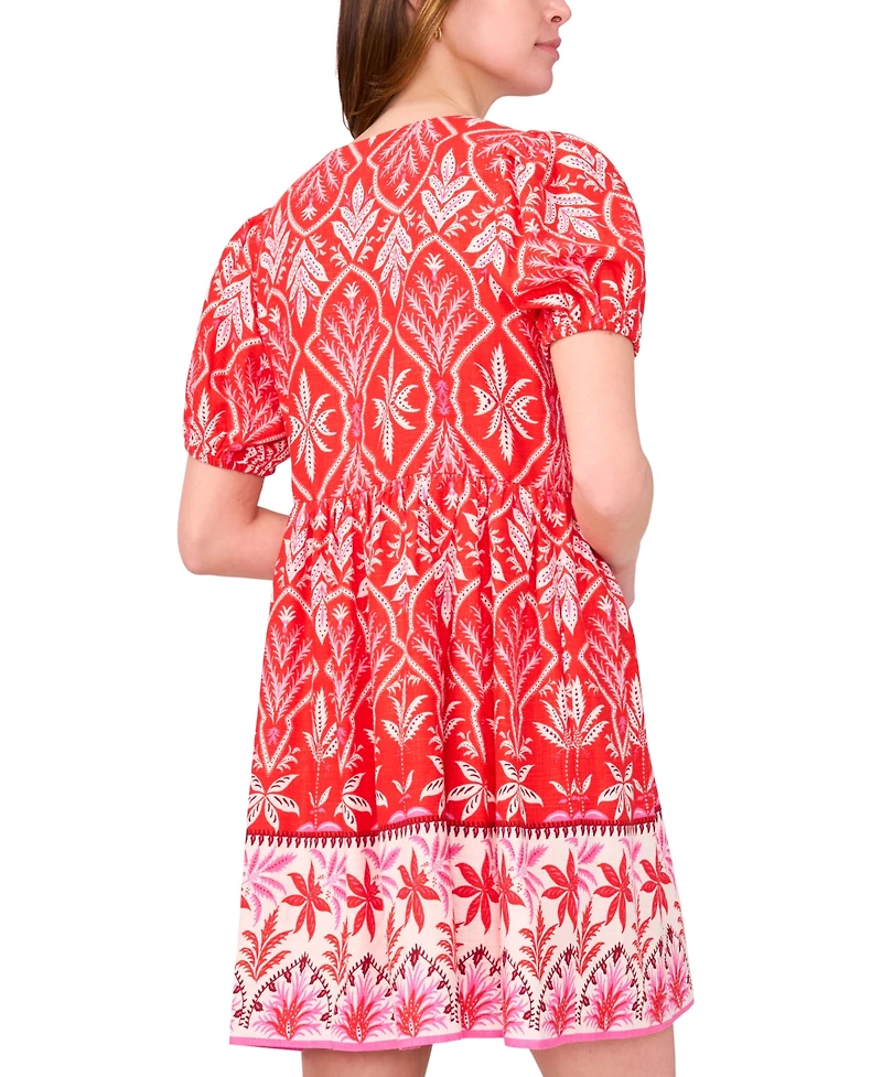 Msk Women's Printed Tie-Neck Short-Sleeve Dress