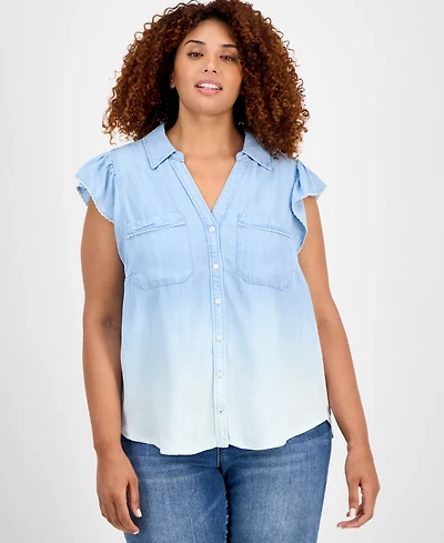 Democracy Trendy Plus Collared Flutter-Sleeve Top