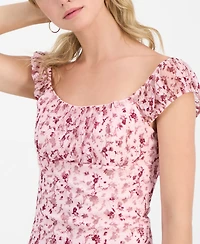 Madden Girl Juniors' Floral Printed Lace Cap-Sleeve Top