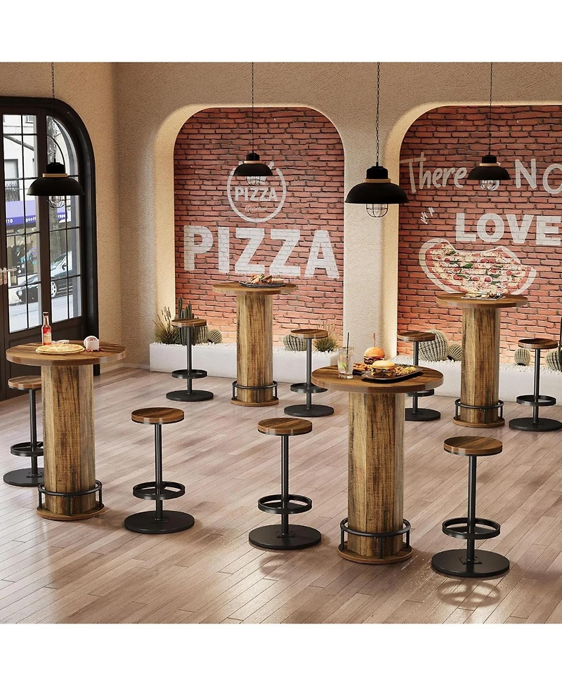 Tribesigns Round Bar Table with 2 Chairs, Industrial Bistro Sets with 2 barstools, Pub Cocktail Table with Metal Ring Footrest for Kitchen Nook, Apart