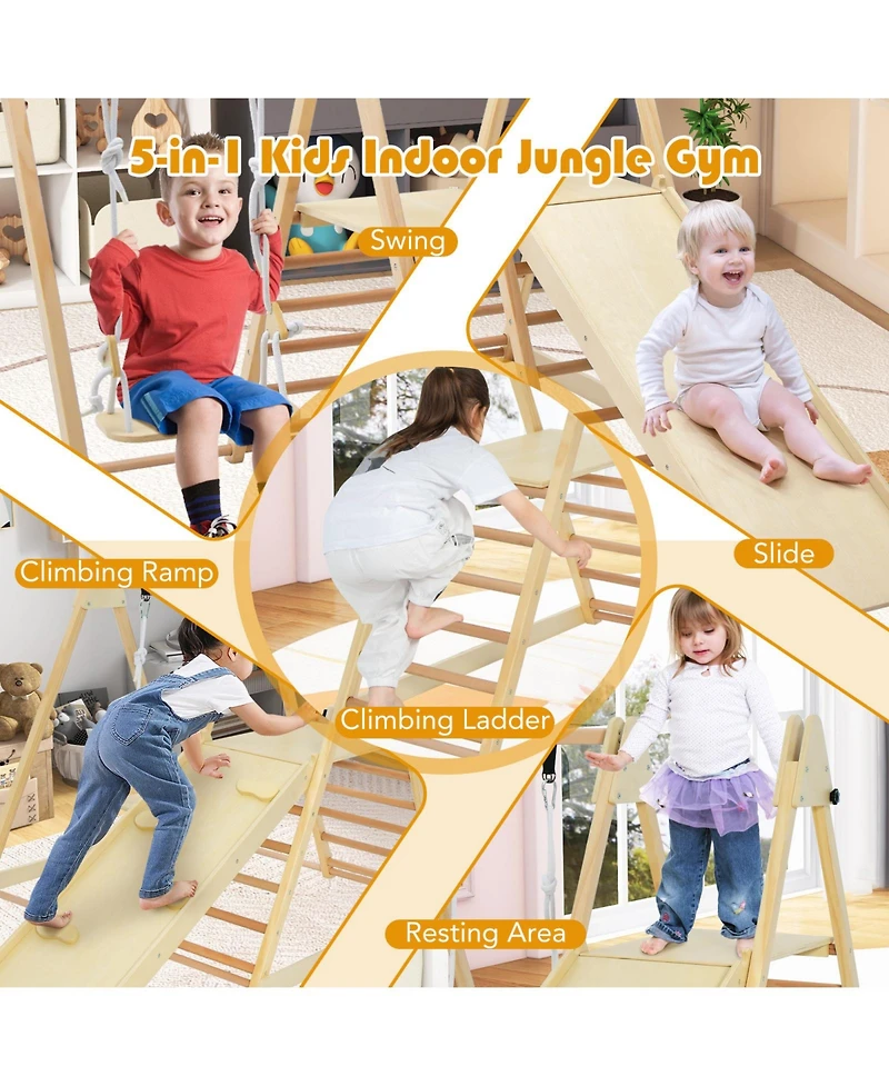 5-in-1 Indoor Jungle Gym Foldable Climber Playset with Fun Slide and Adjustable Swing