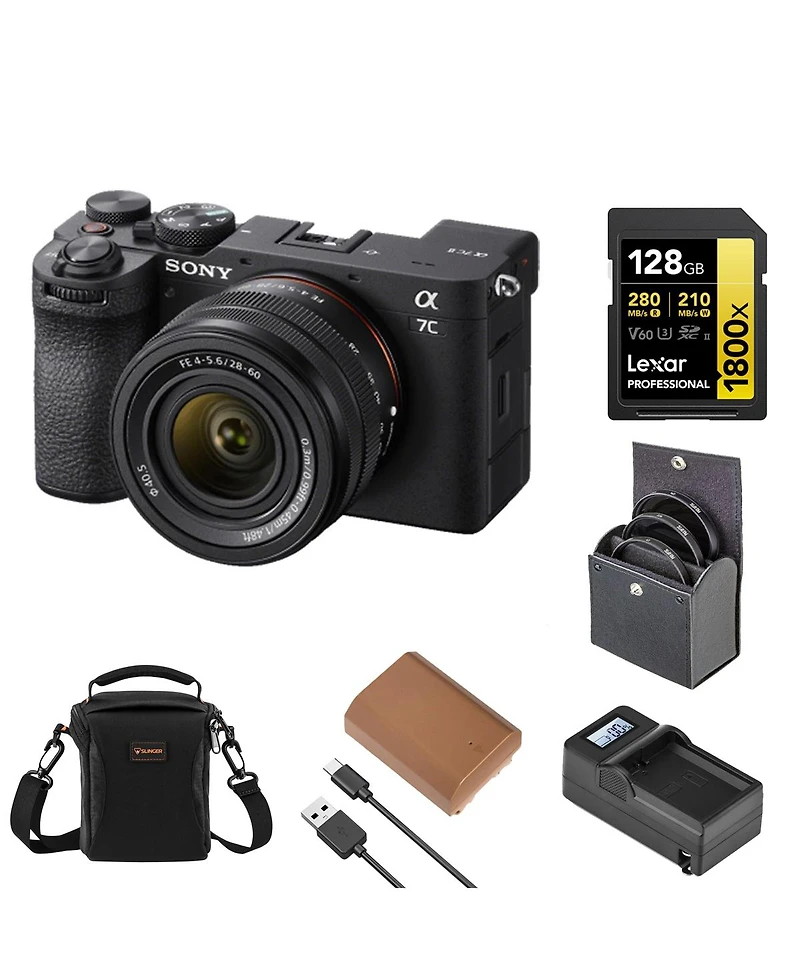 Sony Alpha a7C Ii Mirrorless Camera with Fe 28-60mm f/4-5.6 Lens, Black, Bundle with Np-FZ100 Battery, 128GB Memory Card and 40.5mm Filter Kit