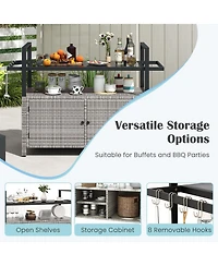 Outdoor Bar Cart Wicker Buffet Serving Cart with Cabinet and 8 Hooks